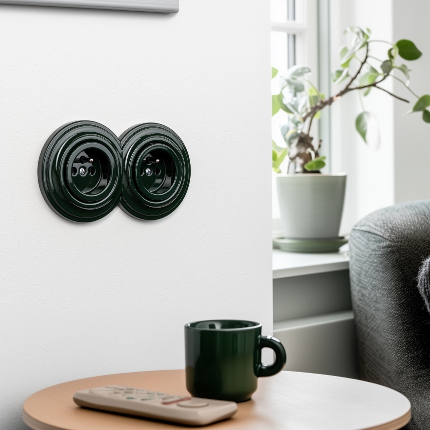 Reblig - Prise murale double rétro avec cadre, 230 V, verte