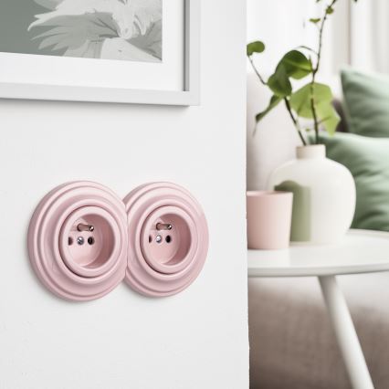 Reblig - Prise murale double rétro avec cadre 230 V, vieux rose