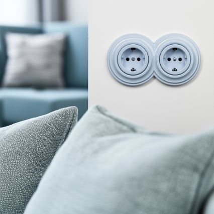 Reblig - Prise murale double rétro avec cadre SCHUKO 230 V, bleu