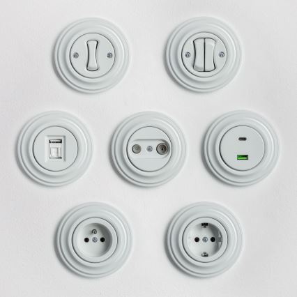 Reblig - Prise murale rétro avec cadre SCHUKO 230 V/16 A en céramique blanche