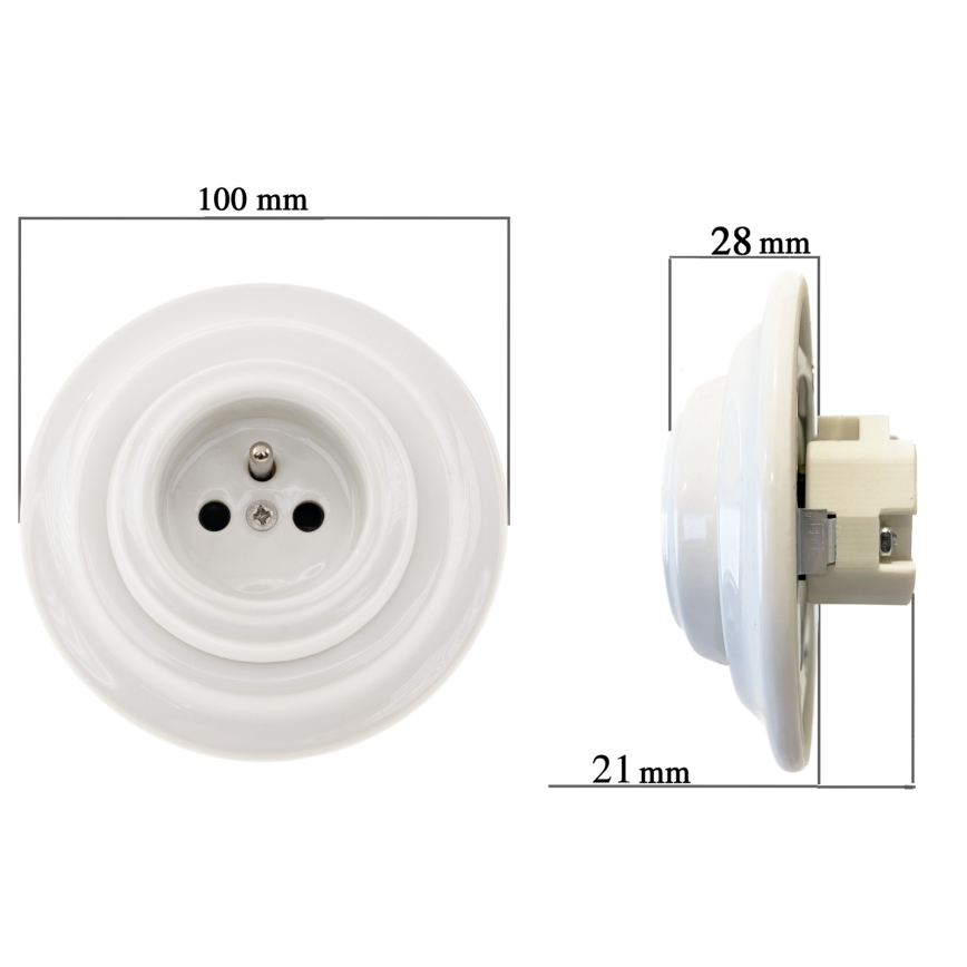 Reblig - Prise murale rétro en porcelaine avec cadre 250V/16A blanche