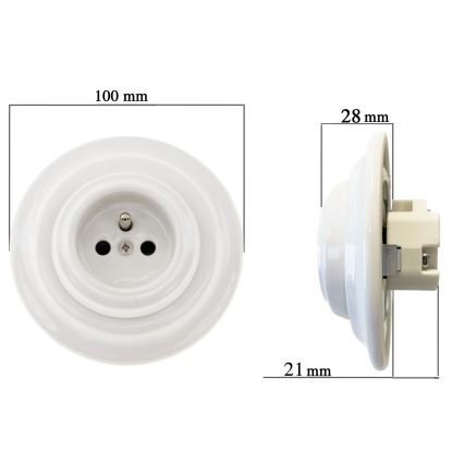 Reblig - Prise murale rétro en porcelaine avec cadre SCHUKO 250V/16A blanche
