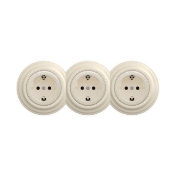 Reblig - Prise murale triple rétro avec cadre SCHUKO 230 V beige