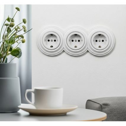 Reblig - Prise murale triple rétro SCHUKO 230 V avec cadre, blanc neige