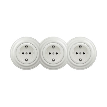 Reblig - Prise triple murale rétro avec cadre SCHUKO 230 V, céramique blanche