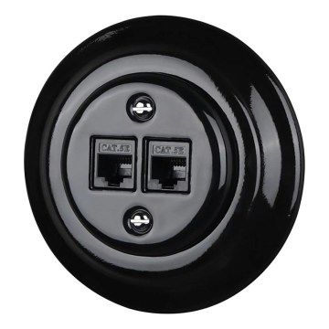 Reblig - Retro porseleinen ethernetwandcontactdoos met frame, 2x CAT5e, zwart