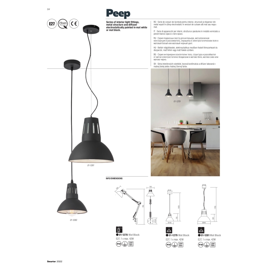 Redo 01-1279 - Hanglamp met kabel PEEP 1xE27/42W/230V Ø 16,5 cm zwart