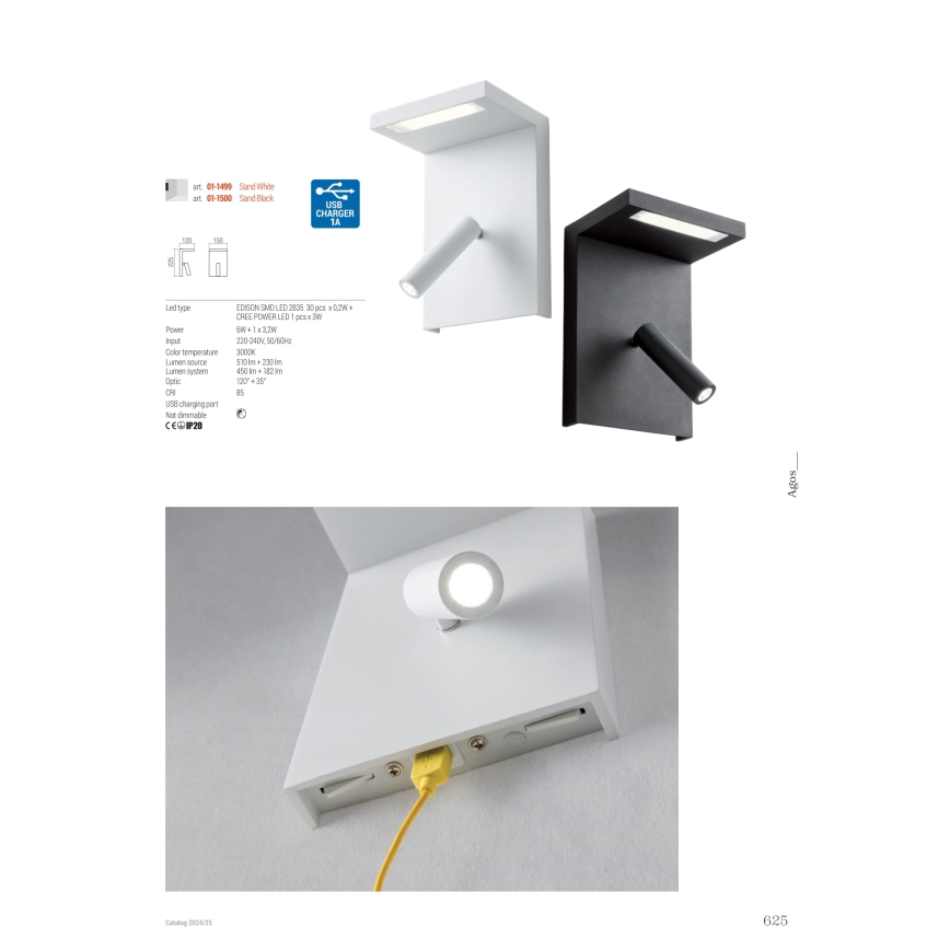 Redo 01-1500 - LED Wandspot AGOS LED/6W/230V + LED/3,2W USB zwart