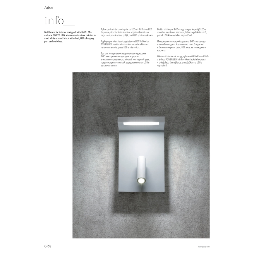 Redo 01-1500 - Spot mural AGOS LED/6W/230V + LED/3,2W USB noir