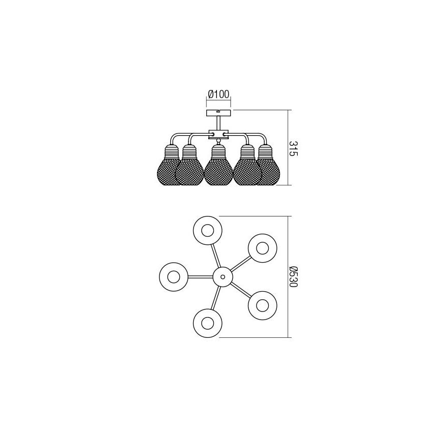 Redo 01-1577 - Hanglamp EDISON met stang 5xE27/42W/230V Ø 53 cm zwart/koper