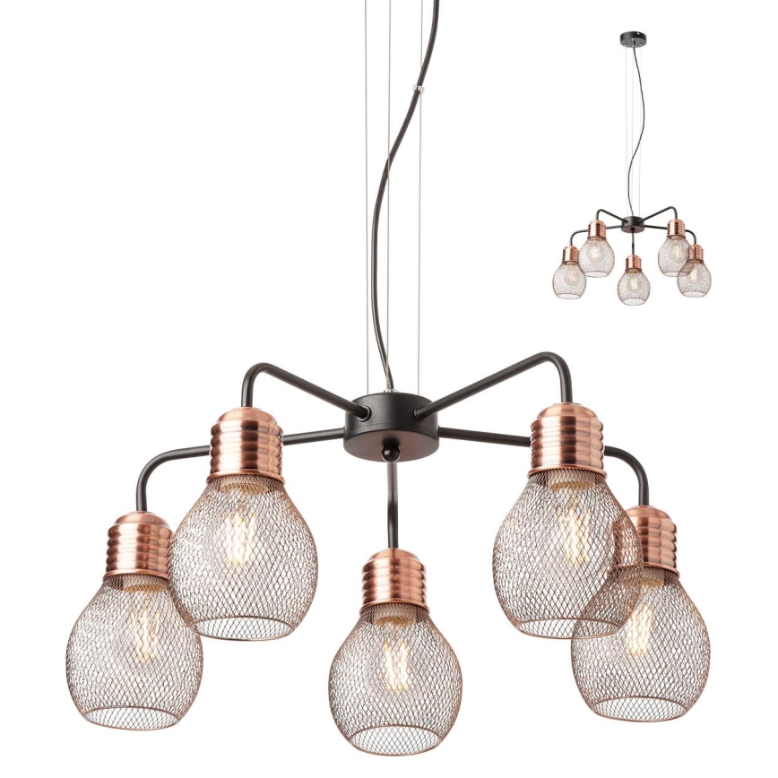 Redo 01-1580 - Pendellamp met kabel EDISON 5xE27/42W/230V Ø 53 cm zwart/koper