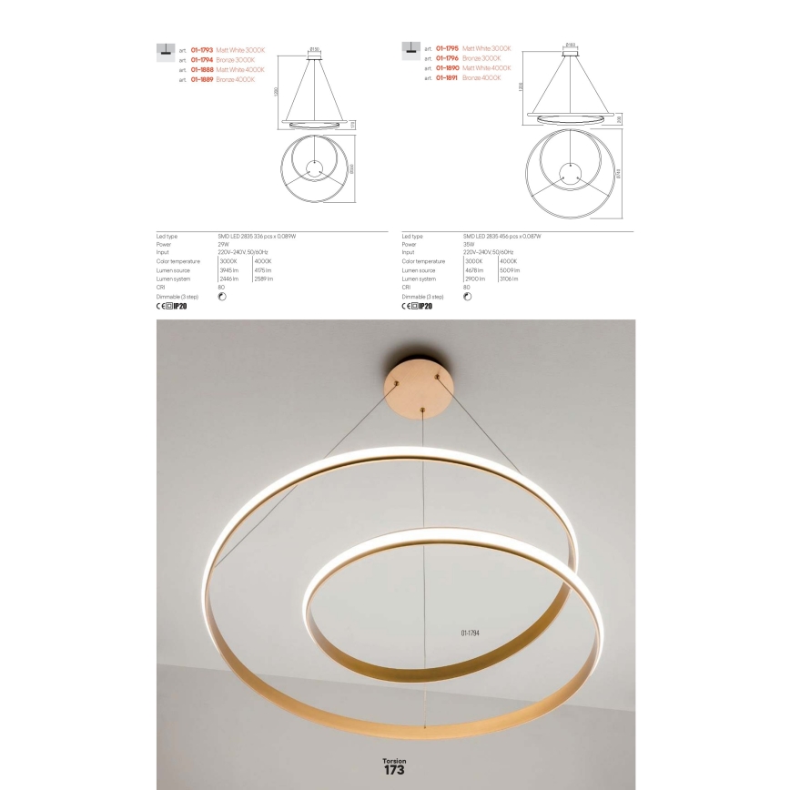 Redo 01-1889 - Dimbare LED-hanglamp aan kabel TORSION LED/29W/230V Ø 55 cm brons