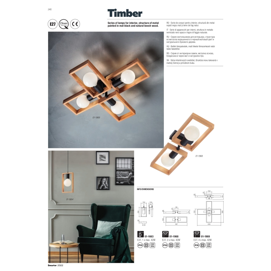 Redo 01-1968 - Plafondlamp TIMBER 2xE27/42W/230V beuken