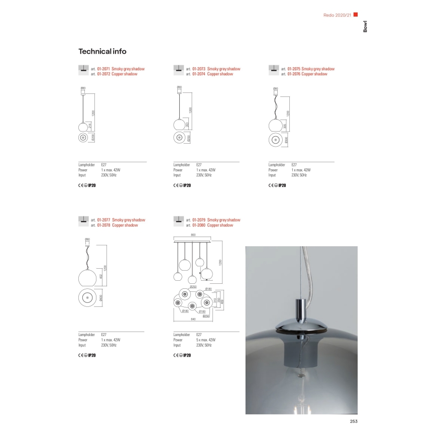 Redo 01-2079 - Hanglamp aan een koord BOWL 5xE27/42W/230V gerookt
