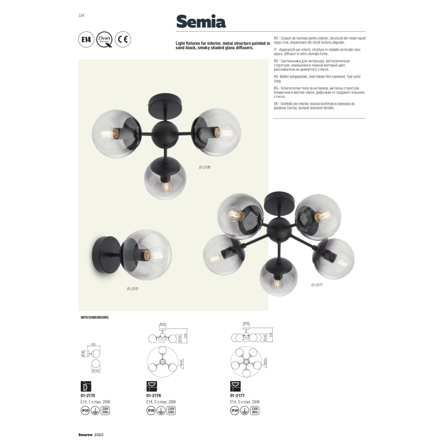 Redo 01-2175 - Applique murale SEMIA 1xE14/28W/230V noir/fumé