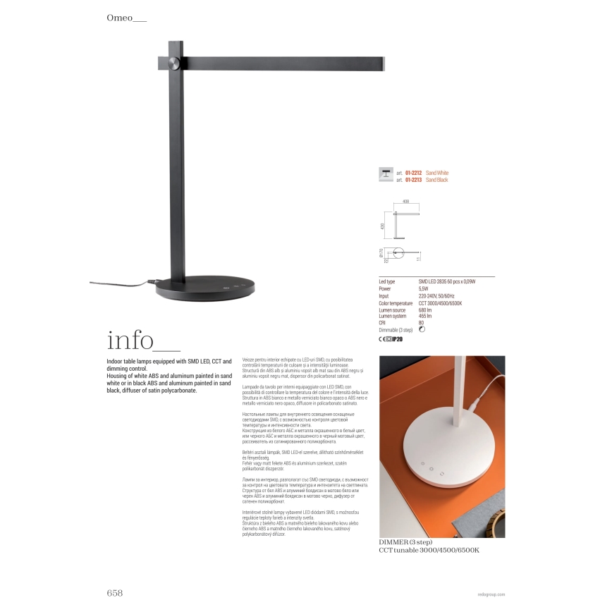 Redo 01-2213 - Lampe de table tactile à intensité variable OMEO LED/5,5W/230V 3000/4500/6500K noir