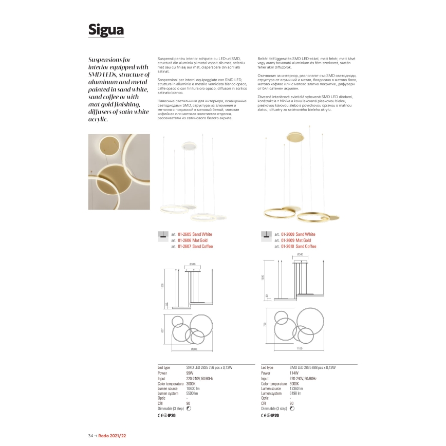 Redo 01-2605 - Suspension LED dimmable sur câble SIGUA LED/99W/230V CRI 90 blanche