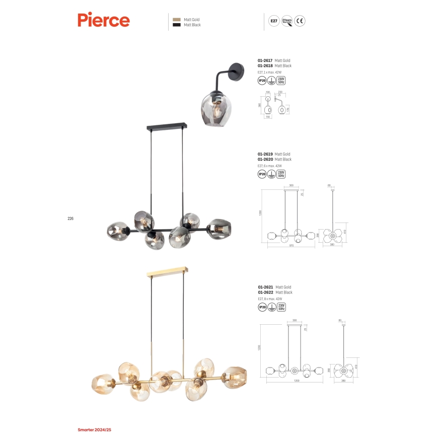 Redo 01-2617 - Wandlamp PIERCE 1xE27/42W/230V goud/gerookt