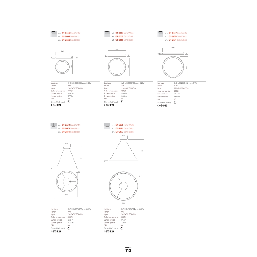 Redo 01-2675 - Dimbare LED-hanglamp aan kabel ICONIC LED/60W/230V Ø 78 cm wit