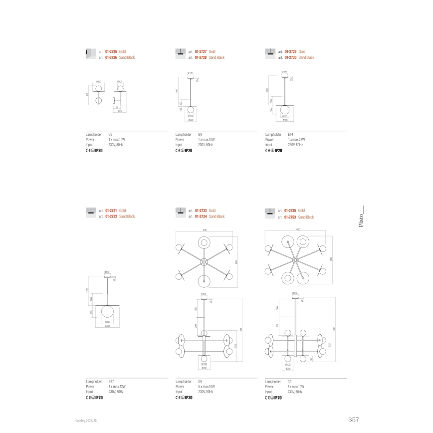Redo 01-2733 - Suspension-barre PLATO 6xG9/10W/230V doré