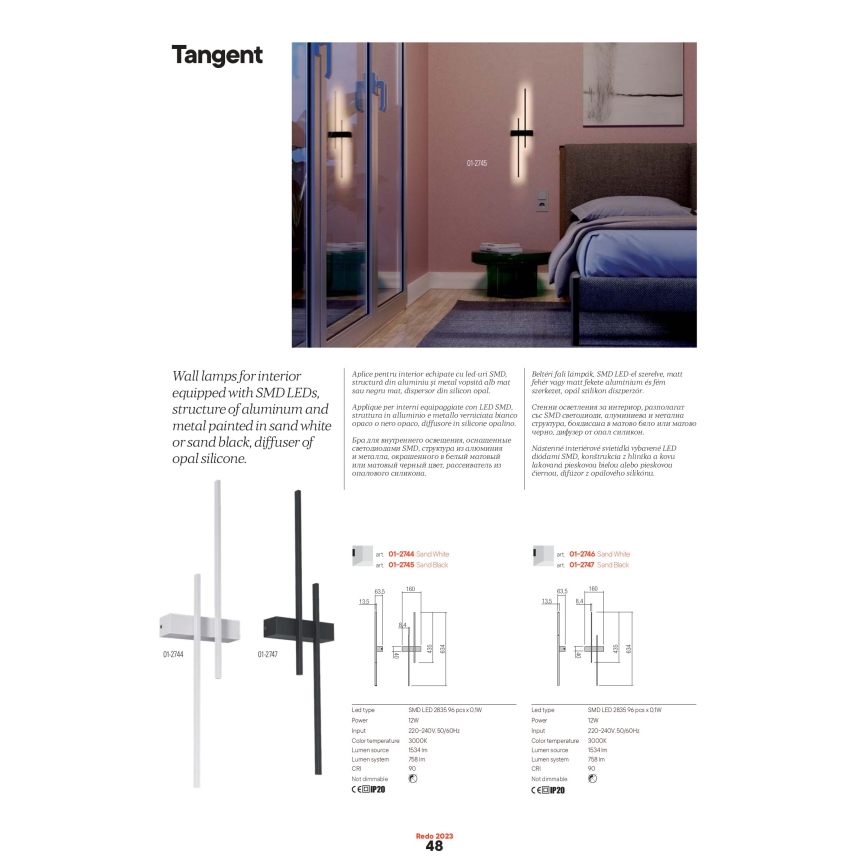 Redo 01-2744 - Applique murale LED TANGENT LED/13W/230V 3000K 63,4 cm IRC 90 blanche