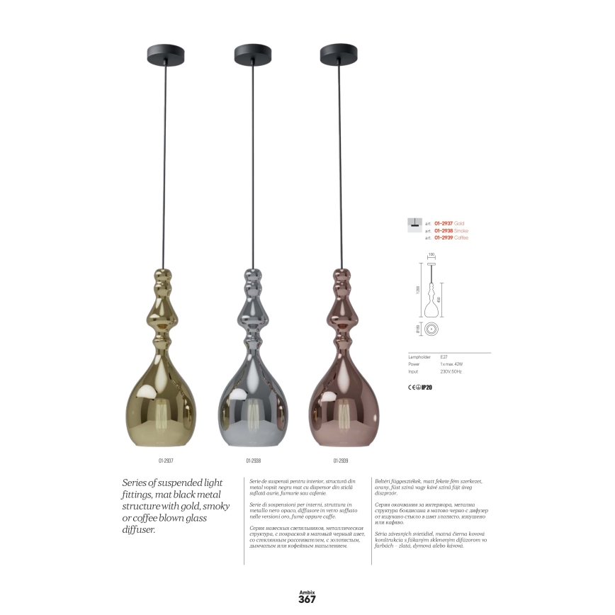 Redo 01-2937 - Hanglamp aan snoer AMBIX 1xE27/42W/230V Ø 18 cm goud