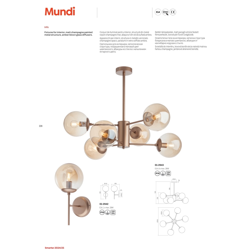 Redo 01-2943 - Kroonluchter met staaf MUNDI 6xE14/28W/230V koper/rookglas
