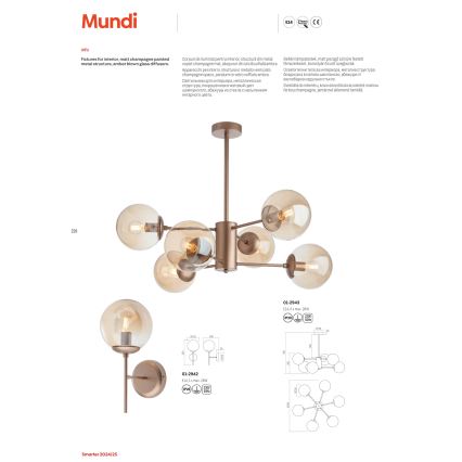 Redo 01-2943 - Lustre sur tige MUNDI 6xE14/28W/230V cuivré/fumé