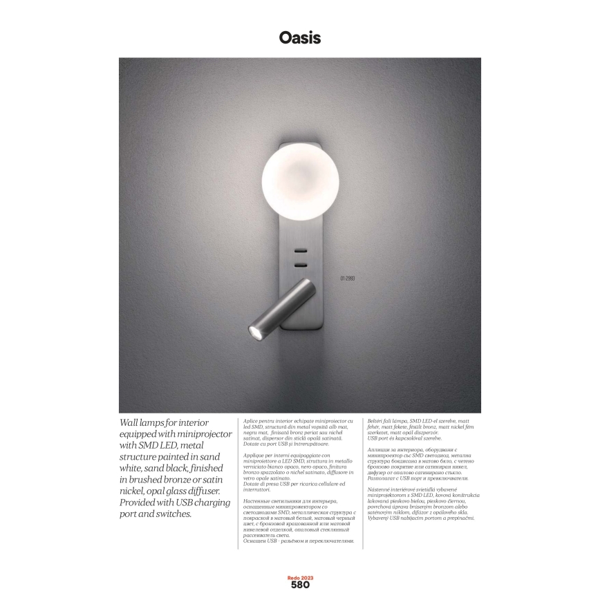 Redo 01-2991 - Applique murale LED OASIS LED/3W/230V + 1xG9/10W USB IRC 90 blanche
