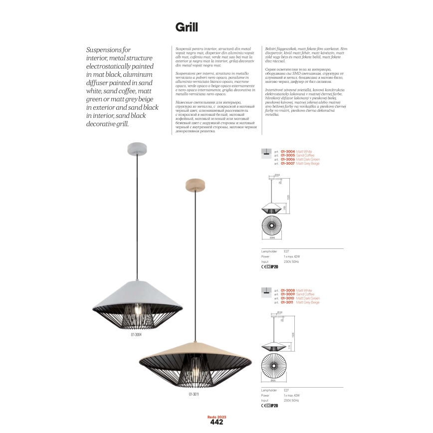 Redo 01-3004 - Pendellamp aan kabel GRILL 1xE27/42W/230V Ø 39,6 cm zwart/wit