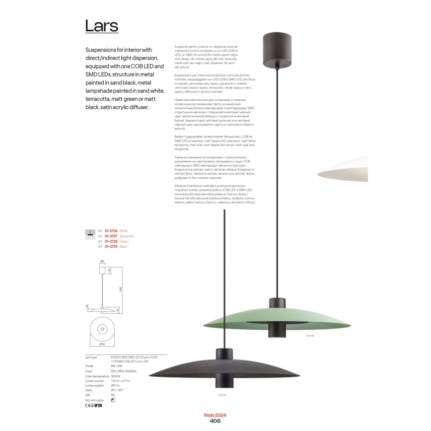 Redo 01-3018 - Suspension LED sur câble LARS LED/14W/230V + LED/10W Ø 60 cm IRC 90 blanche
