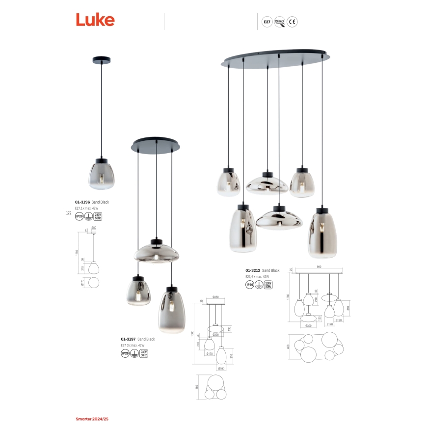 Redo 01-3197 - Hanglamp aan een koord LUKE 3xE27/42W/230V diameter 46 cm zwart