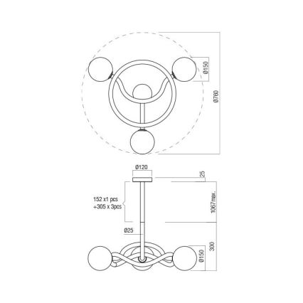 Redo 01-3257 - Kroonluchter met staaf CONFUSIO 3xE14/28W/230V Ø 76 cm zwart