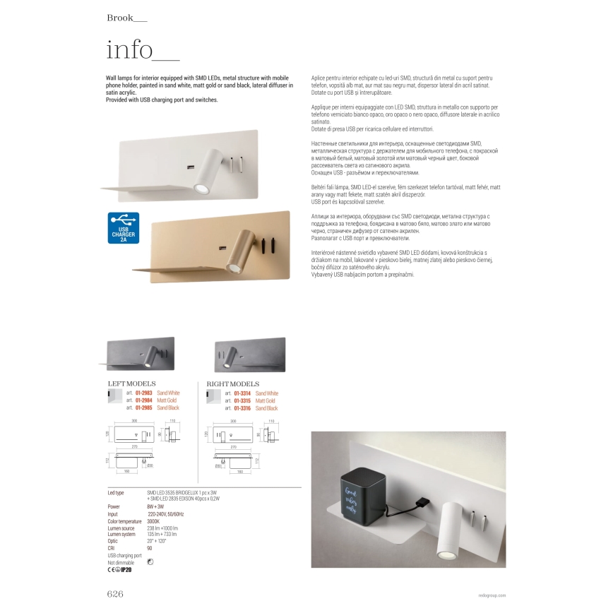 Redo 01-3316 - Spot mural BROOK LED/8W/230V + LED/3W USB CRI 90 noir droit