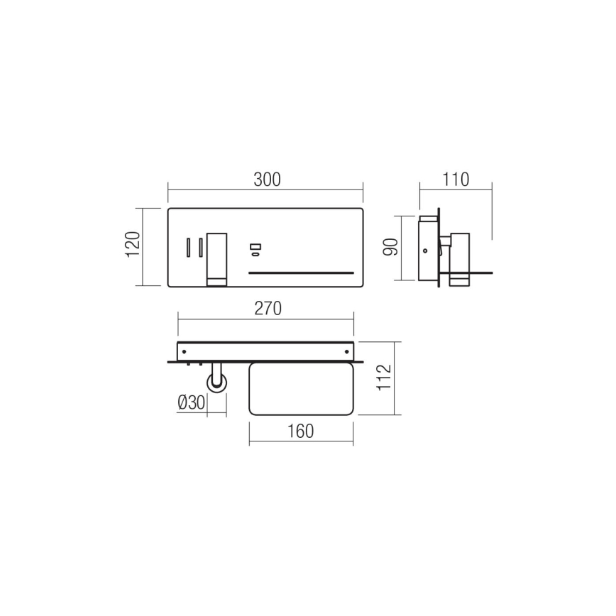 Redo 01-3316 - Spot mural BROOK LED/8W/230V + LED/3W USB CRI 90 noir droit