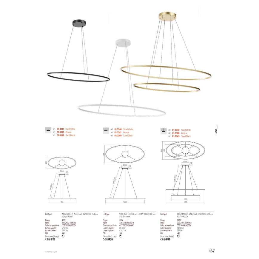 Redo 01-3337 - Suspension LED dimmable sur câble LEO LED/48W/230V 3000/4000K IRC 90 40x95 cm blanc