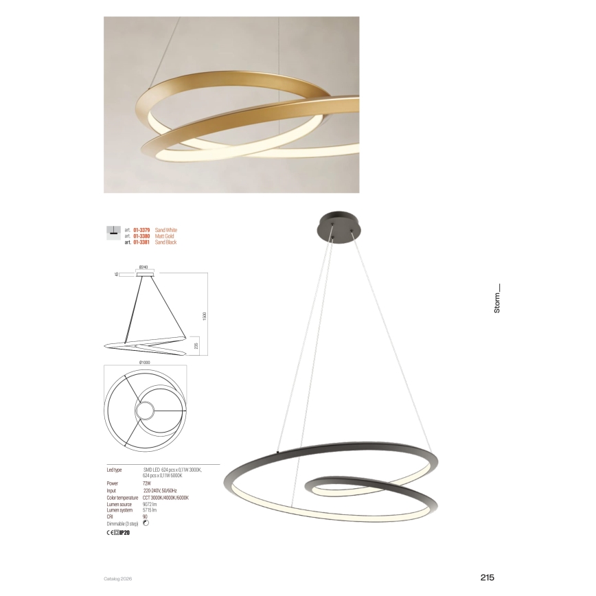Redo 01-3377 - Dimbare LED-hanglamp aan kabel STORM LED/60W/230V 3000/4000/6000K CRI 90 Ø 80 cm goudkleurig