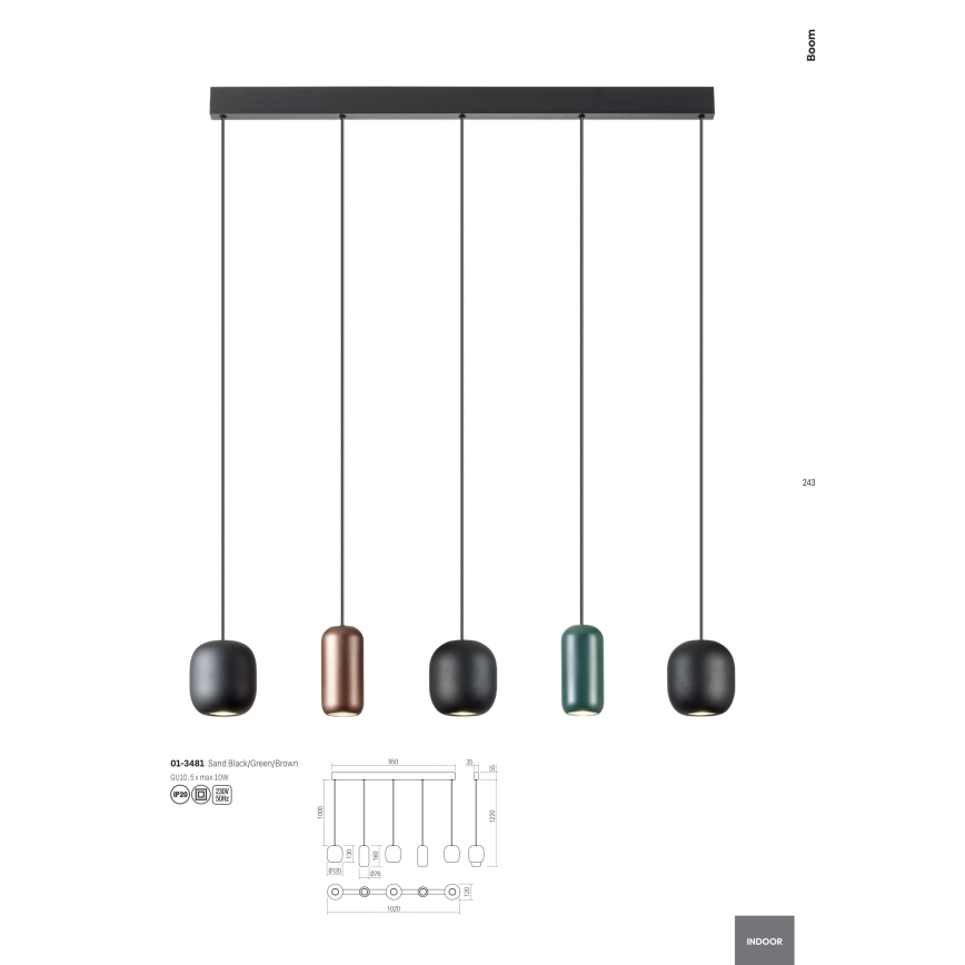Redo 01-3481 - Suspension filaire BOOM 5xGU10/10W/230V noir/vert/marron
