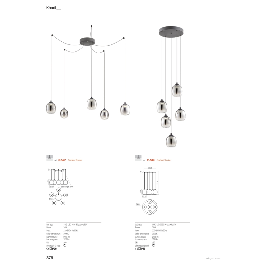 Redo 01-3487 - Suspension LED dimmable sur câble KHADI 5xLED/5,2W/230V CRI 90 araignée noir/fumé