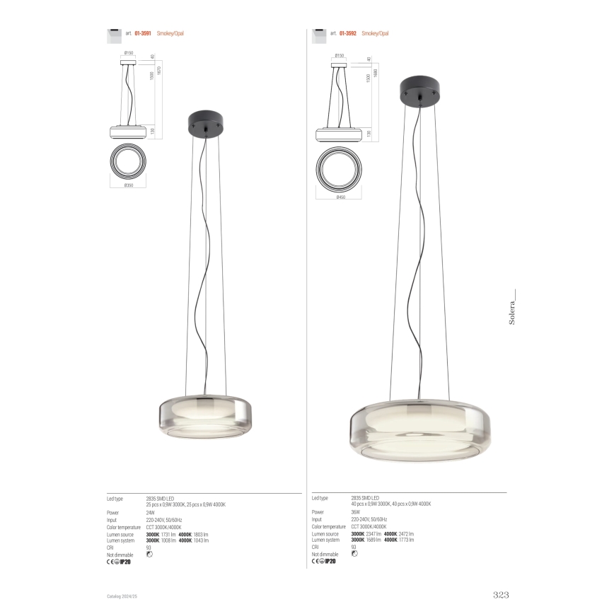 Redo 01-3592 - Suspension filaire SOLERA LED/36W/230V d. 45 cm CRI 93 3000/4000K gris