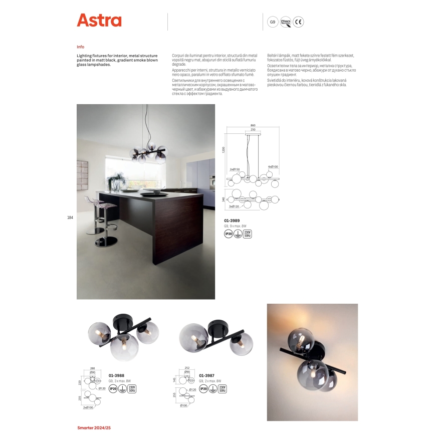 Redo 01-3987 - Bevestigde hanglamp ASTRA 2xG9/8W/230V zwart