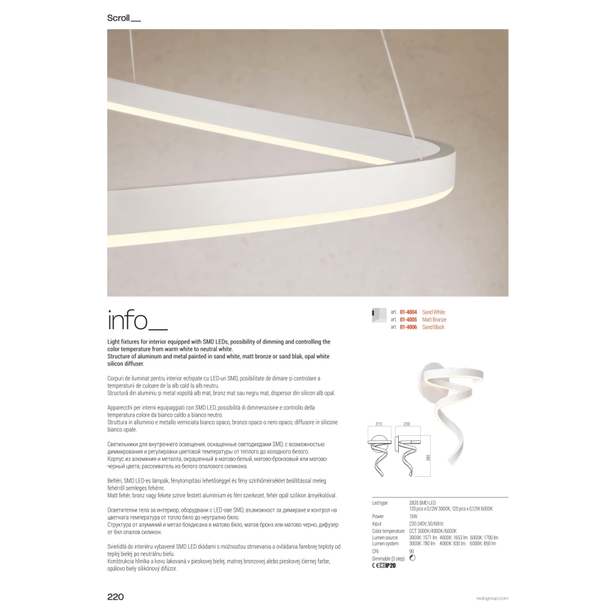 Redo 01-4015 - LED dimbare pendellamp aan kabel SCROLL LED/38W/230V 3000K/4000K/6000K CRI 90 Ø 60 cm zwart