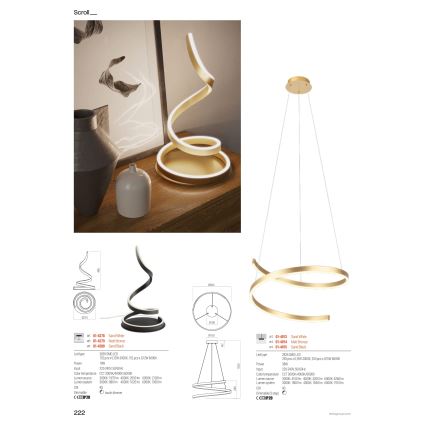 Redo 01-4015 - LED dimbare pendellamp aan kabel SCROLL LED/38W/230V 3000K/4000K/6000K CRI 90 Ø 60 cm zwart