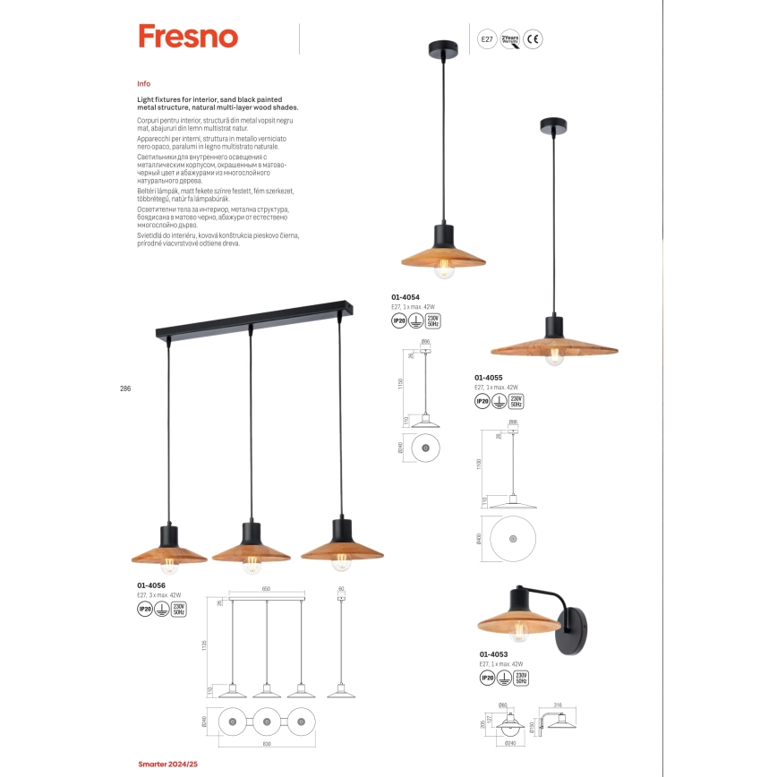 Redo 01-4056 - Hanglamp aan een koord FRESNO 3xE27/42W/230V