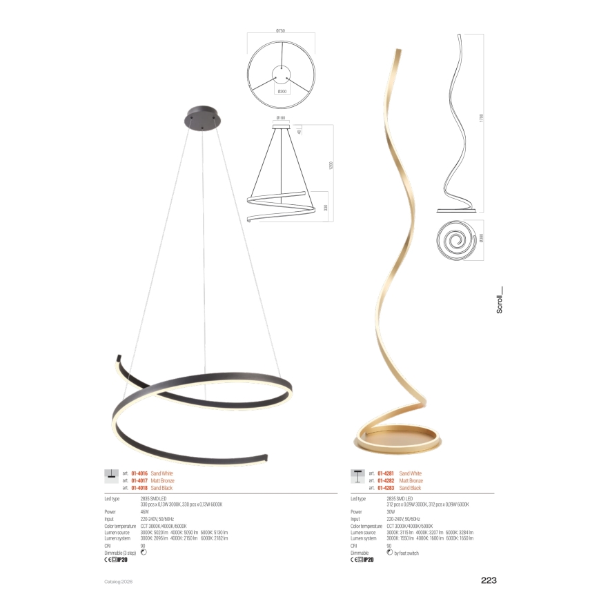 Redo 01-4283 - LED dimbare vloerlamp SCROLL LED/30W/230V 3000K/4000K/6000K CRI 90 zwart