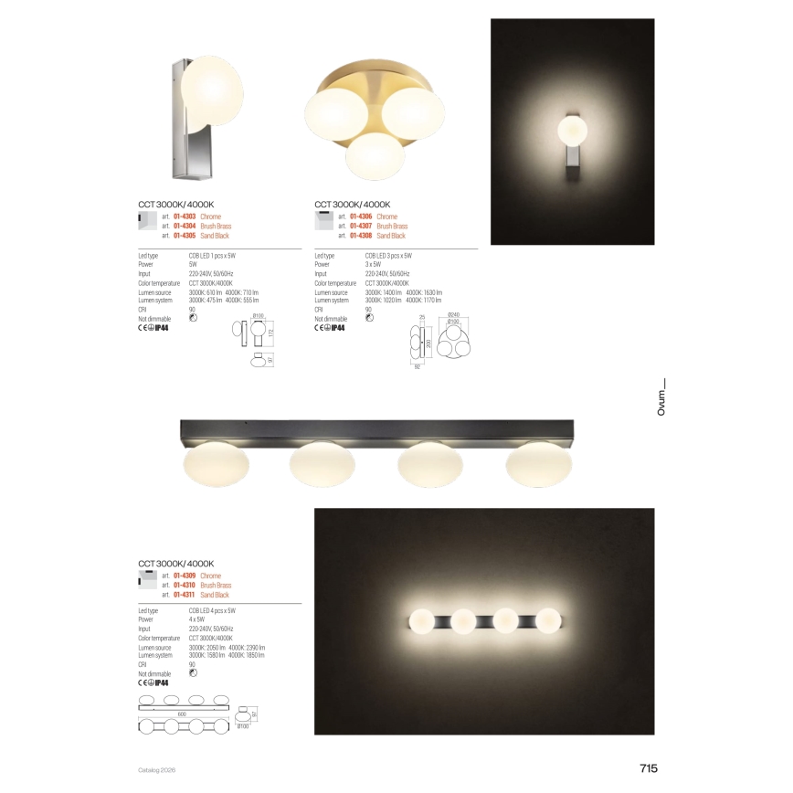 Redo 01-4307 - OVUM LED-plafondlamp voor de badkamer, 3x5 W, 230 V, 3000/4000 K, CRI 90, Ø 24 cm, IP44, wit/messing