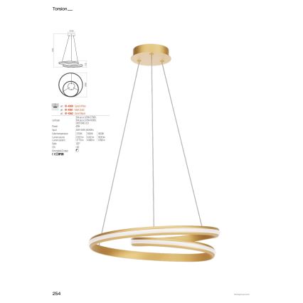 Redo 01-4361 - LED-dimbare hanglamp aan kabel TORSION LED/40W/230V 2700/3000/4000K CRI 90 Ø 56 cm goudkleurig