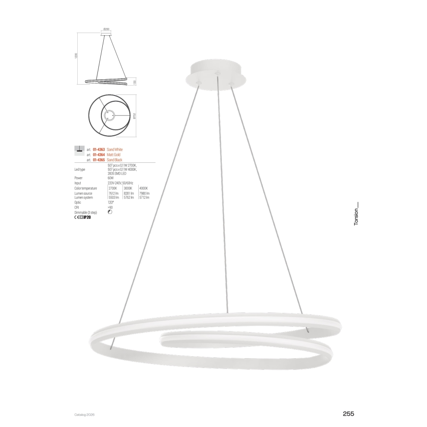 Redo 01-4363 - TORSION LED-dimbare hanglamp aan kabel LED/60W/230V 2700/3000/4000K CRI 90 Ø 75,2 cm wit