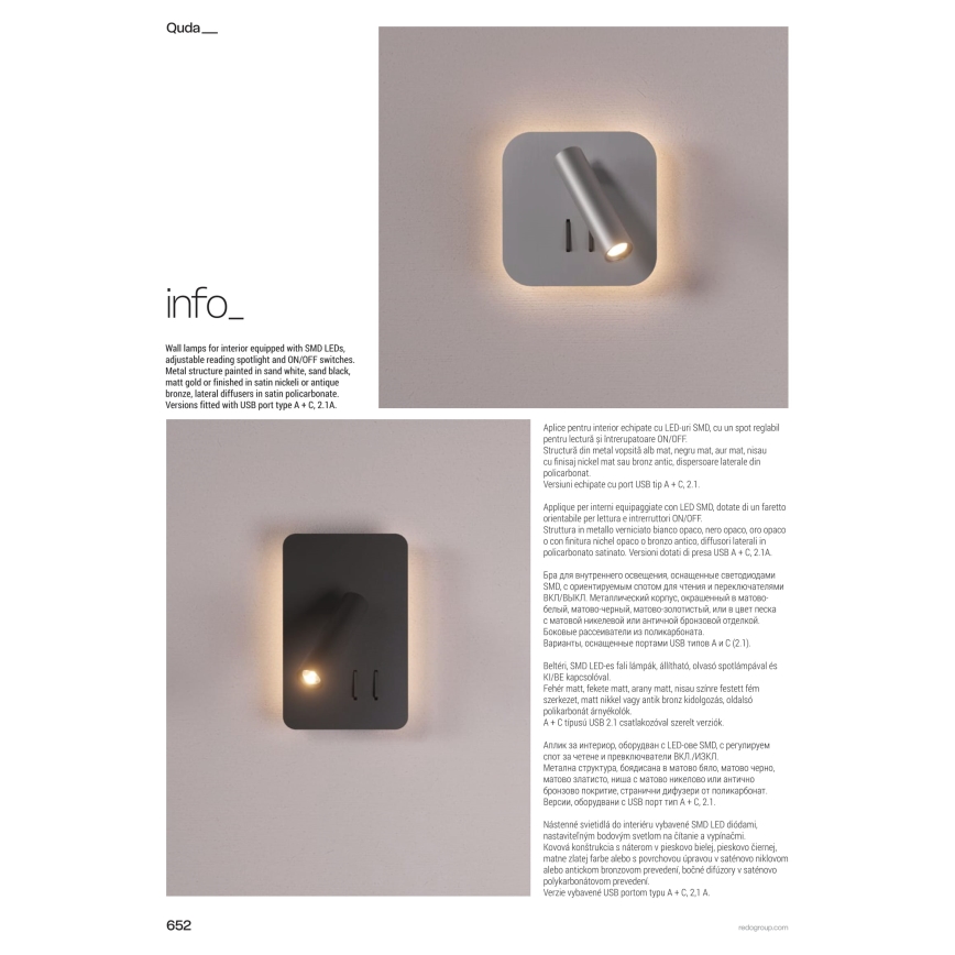 Redo 01-4473 - LED-wandlamp QUDA LED/6W/230V + LED/3W CRI 90 USB bronskleurig