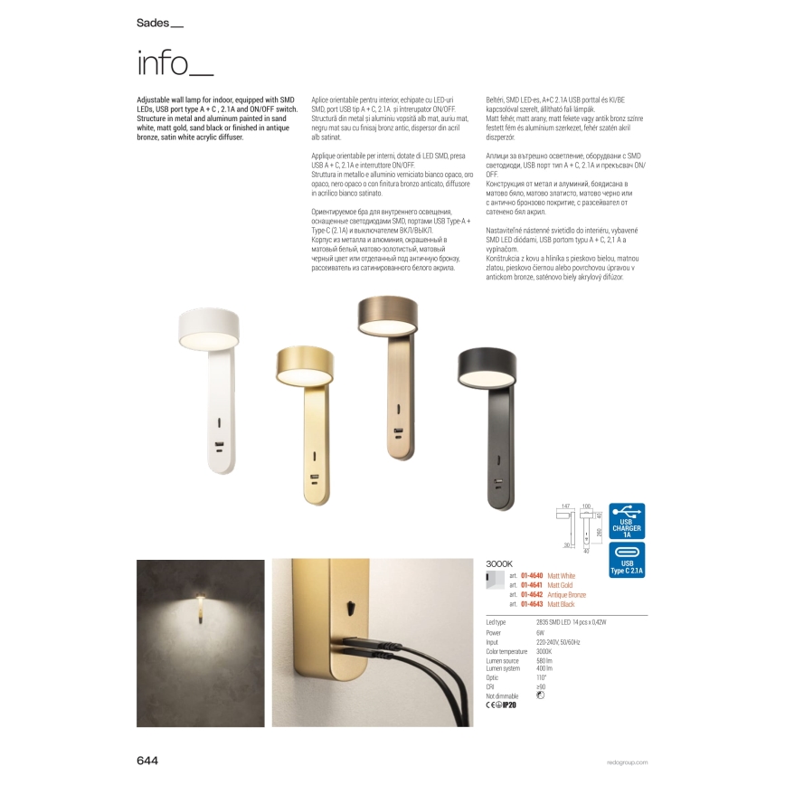 Redo 01-4643 - LED-wandlamp SADES LED/6W/230V CRI 90 USB zwart